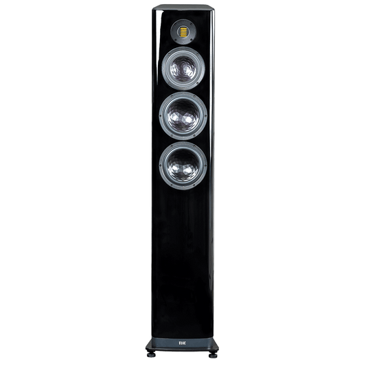 Der Elac Vela FS 409.2 Standlautsprecher Stück in Schwarz Hochglanz ist ein hoher, rechteckiger Lautsprecher mit drei großen silbernen Tieftönern, einem gelben JET-Hochtöner nahe der Oberseite und steht auf kleinen Füßen für Stabilität und Stil.