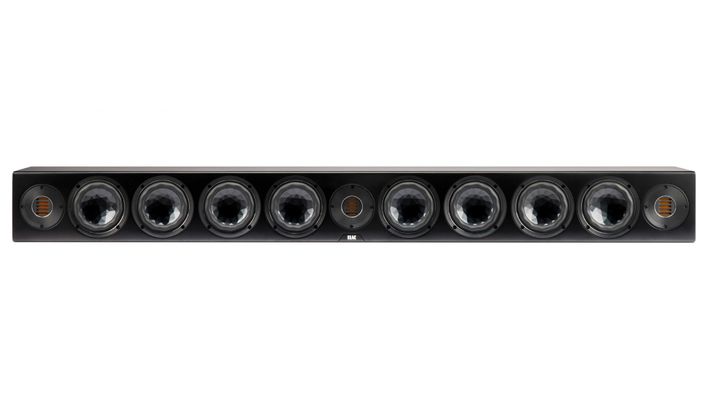 Die Elac Vertex III SB-VJ41L Passiv Soundbar in Schwarz Seidenmatt zeigt neun runde Lautsprechertreiber, darunter Crystal Cone Tieftöner und JET AMT-Technologie, vor einem schlichten Hintergrund.