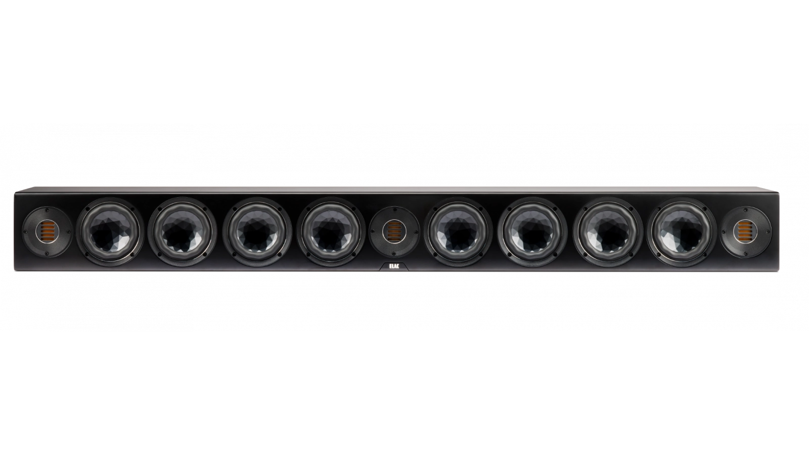Die Elac Vertex III SB-VJ41L Passiv Soundbar in Schwarz Seidenmatt zeigt neun runde Lautsprechertreiber, darunter Crystal Cone Tieftöner und JET AMT-Technologie, vor einem schlichten Hintergrund.