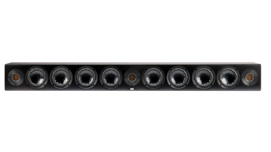 Die Elac Vertex III SB-VJ41L Passiv Soundbar in Schwarz Seidenmatt zeigt neun runde Lautsprechertreiber, darunter Crystal Cone Tieftöner und JET AMT-Technologie, vor einem schlichten Hintergrund.