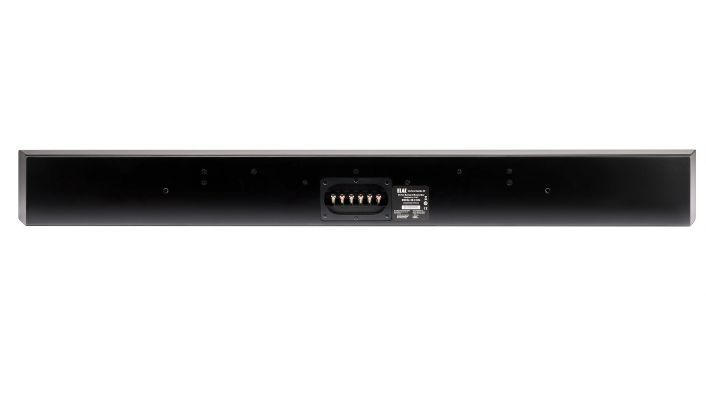 Rückansicht der Elac Vertex III SB-VJ41L Passiv Soundbar in Schwarz, mit Montagelöchern und einem zentralen Panel mit Eingangsanschlüssen, Produktlabel und fortschrittlichen Features wie JET AMT-Technologie und Crystal Cone Tieftöner.