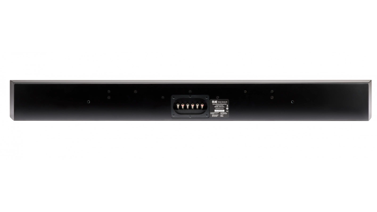 Rückansicht der Elac Vertex III SB-VJ41L Passiv Soundbar in Schwarz, mit Montagelöchern und einem zentralen Panel mit Eingangsanschlüssen, Produktlabel und fortschrittlichen Features wie JET AMT-Technologie und Crystal Cone Tieftöner.