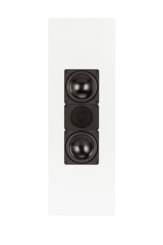 Der Elac WS 1465 On Wand-Lautsprecher Stück in Weiß Seidenmatt verfügt über drei schwarze runde Lautsprecher in einem schlanken vertikalen Rahmen. Sein minimalistisches, modernes Design passt zu jedem Raum und bietet gleichzeitig eine beeindruckende Klangqualität.