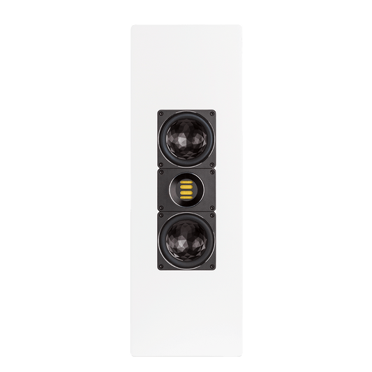 Der weiße rechteckige Elac WS 1665 On Wall-Lautsprecher Stück verfügt über zwei schwarze runde Treiber und einen zentralen rechteckigen Hochtöner mit horizontalen goldenen Akzenten und bietet audiophile Klangqualität für anspruchsvolle Hörer.
