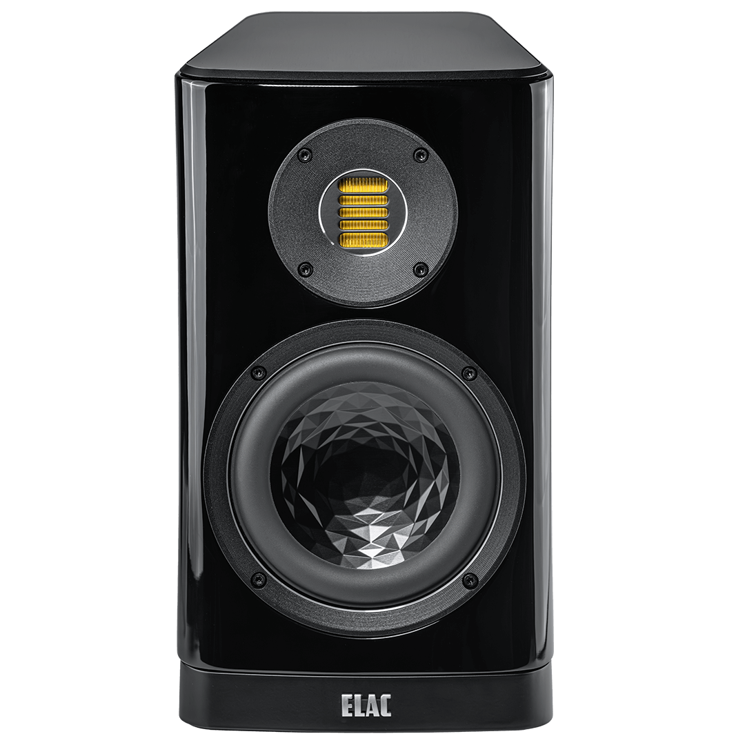 Der Elac Vela BS 403.2 Regallautsprecher Stück in Schwarz Hochglanz hat einen strukturierten Tieftöner und einen rechteckigen gelben JET 6 Hochtöner darüber, alles in der Frontansicht.