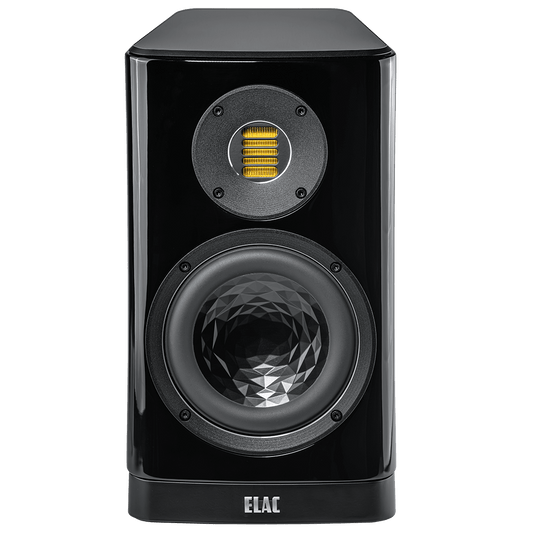 Der Elac Vela BS 403.2 Regallautsprecher Stück in Schwarz Hochglanz hat einen strukturierten Tieftöner und einen rechteckigen gelben JET 6 Hochtöner darüber, alles in der Frontansicht.