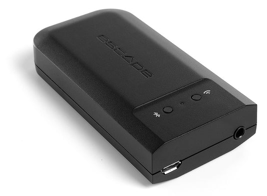 Der Escape M1 Air in Schwarz ist ein schwarzes, rechteckiges, tragbares Gerät mit Bluetooth- und Wi-Fi-Symbolen, zwei Kontrollleuchten, einem seitlichen Micro-USB-Anschluss und Streaming-DAC für drahtloses Hi-Res-Audio-Streaming.