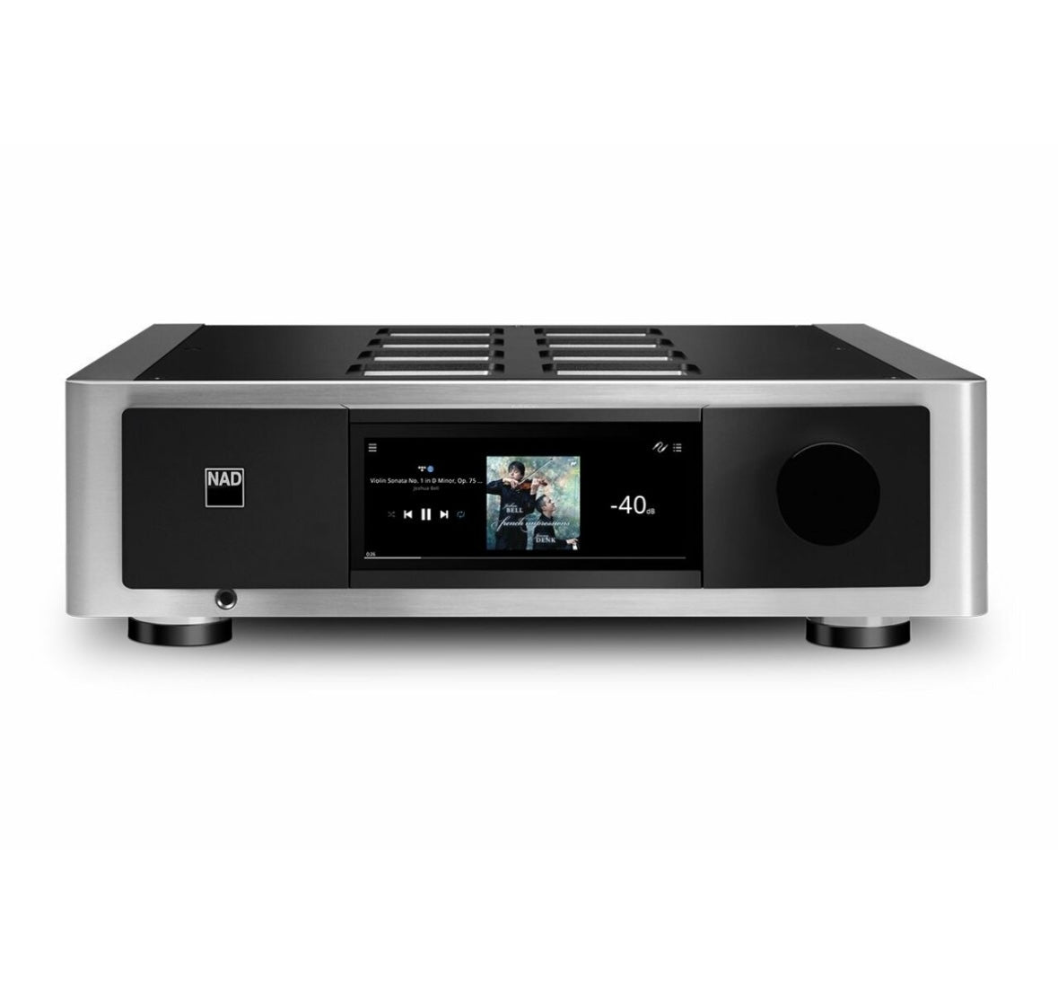 Der NAD M66 BluOS Streaming DAC-Vorverstärker verfügt über ein modernes Metalldesign, ein zentrales Display für Albumcover und Wiedergabeinformationen sowie einen großen Lautstärkeregler - eine hervorragende HiFi-Komponente für jedes Audio-Setup.