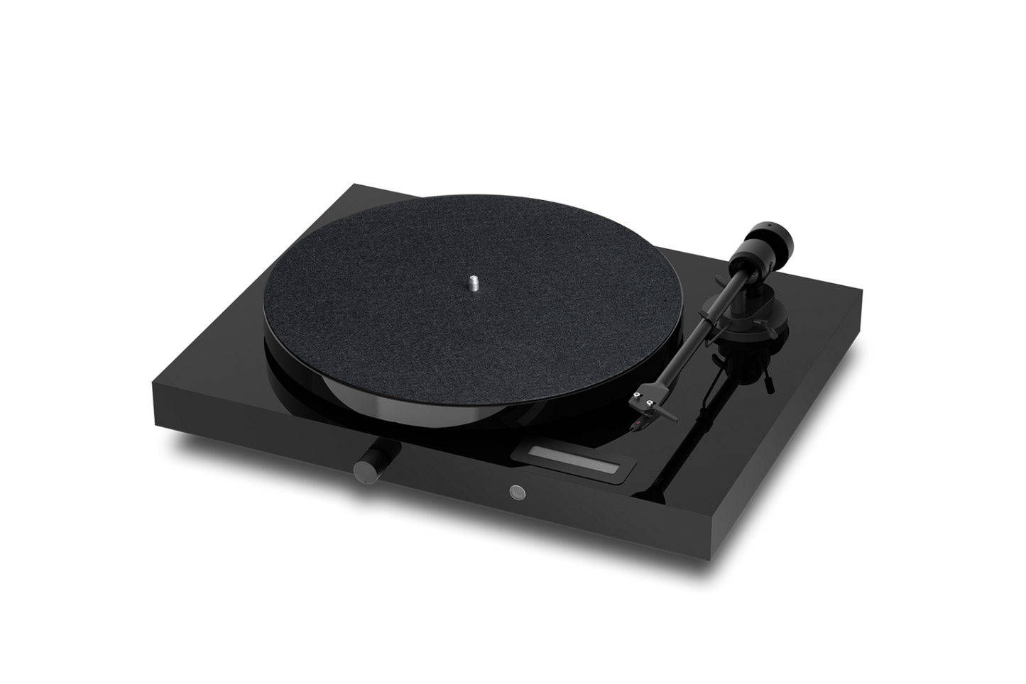 Der Pro-Ject Jukebox E Plattenspieler in Schwarz ist ein moderner, minimalistischer Plattenspieler mit flacher, quadratischer Basis, rundem Plattenteller, rechtsseitigem Tonarm und glänzender Oberfläche, der auch ohne Schallplatte Stil und Klangqualität pur zeigt.