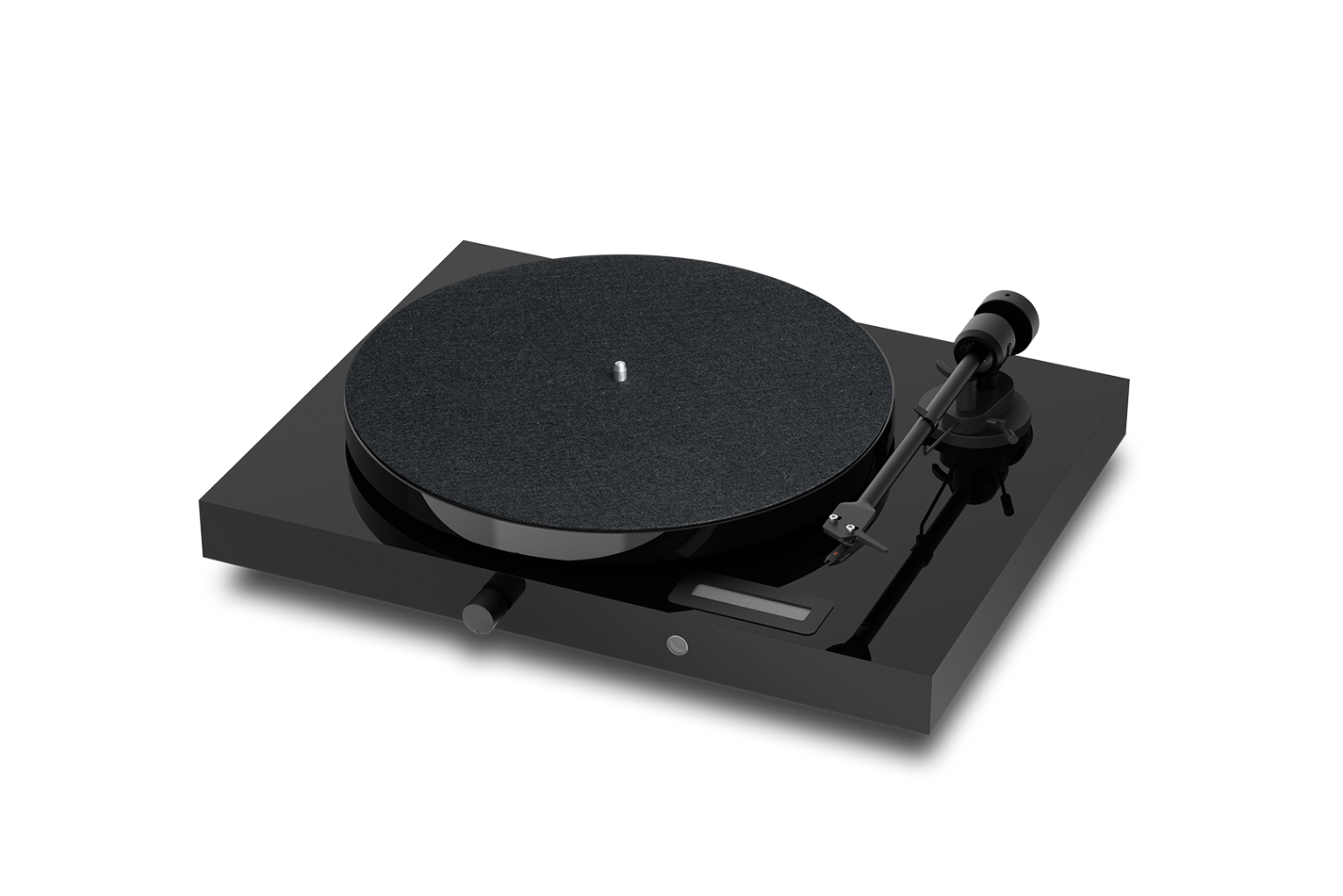 Der Pro-Ject Jukebox E Plattenspieler in Schwarz ist ein moderner, minimalistischer Plattenspieler mit flacher, quadratischer Basis, rundem Plattenteller, rechtsseitigem Tonarm und glänzender Oberfläche, der auch ohne Schallplatte Stil und Klangqualität pur zeigt.