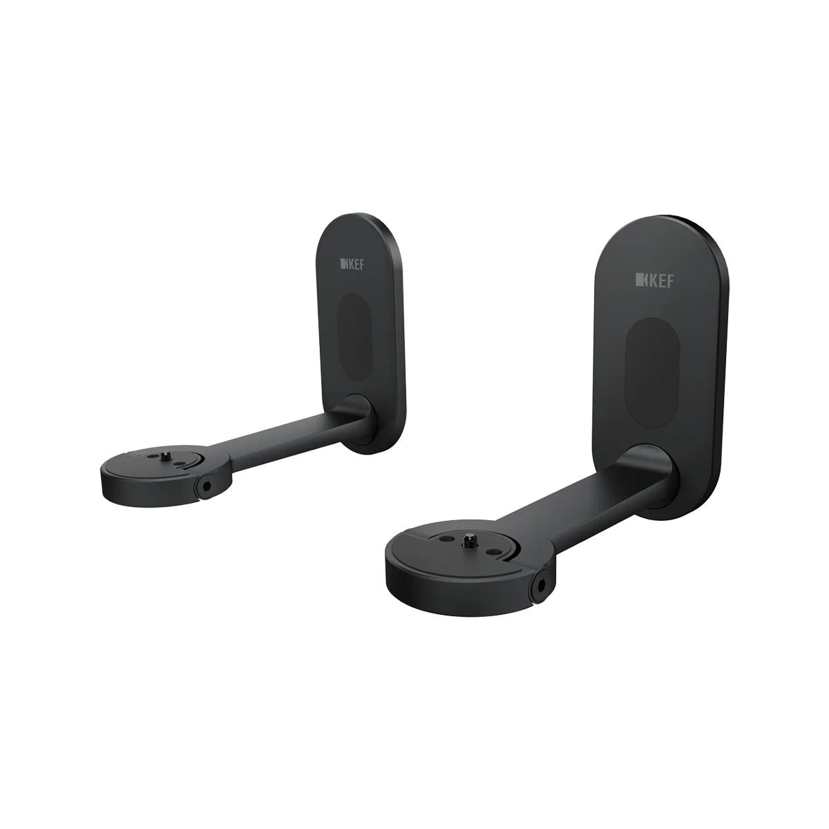 Ein Paar KEF B1 Wandhalterung in Schwarz mit runden Sockeln und verlängerten Armen, konzipiert für die Wandmontage von LSX II Lautsprechern. Verfügt über das KEF-Logo auf Rückplatten und integriertes Kabelmanagement.