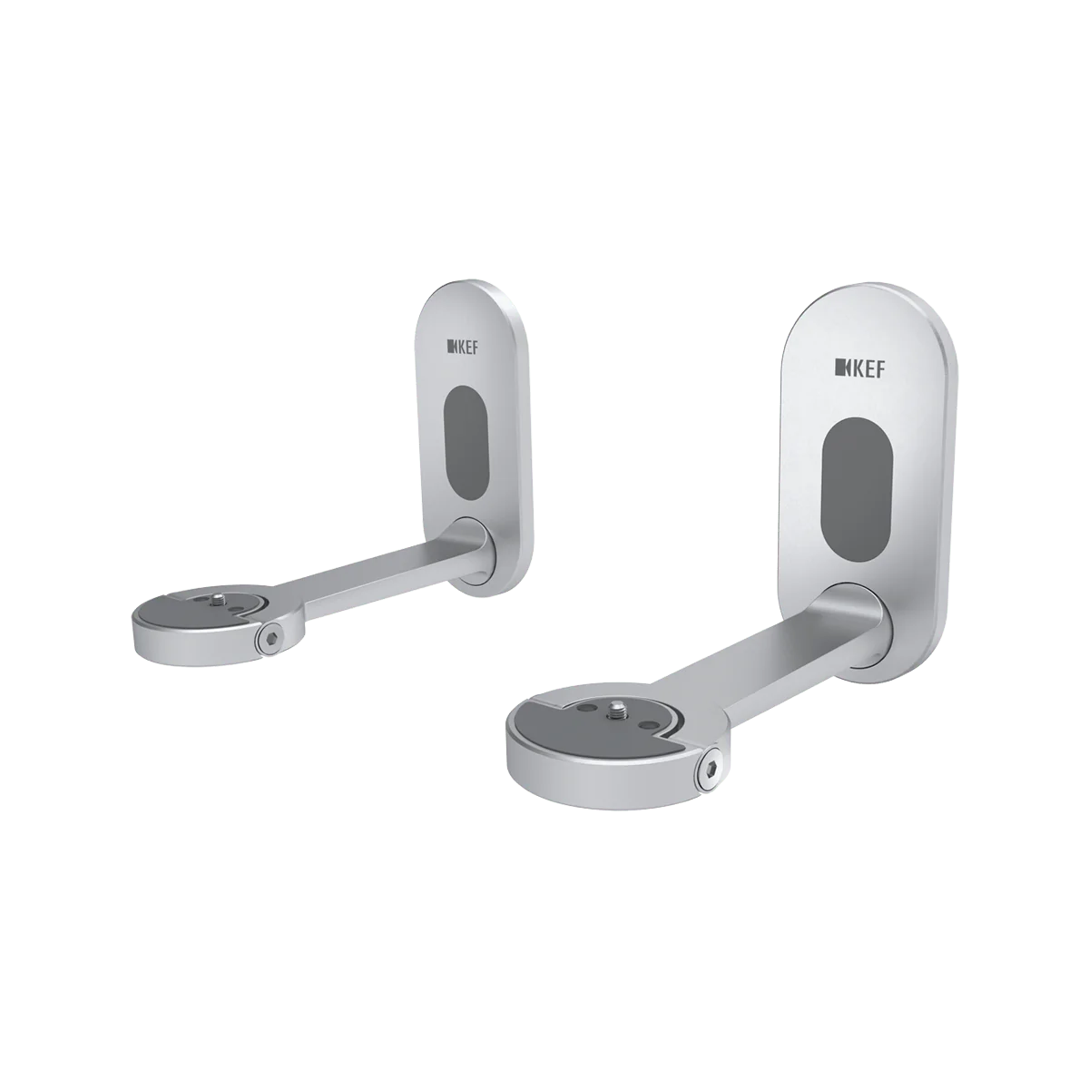 Ein Paar KEF B1 Wandhalterung in Silber mit abgerundeten Armen und KEF-Logo, entworfen, um LSX II Lautsprecher zu unterstützen und zu positionieren, mit integriertem Kabelmanagement.