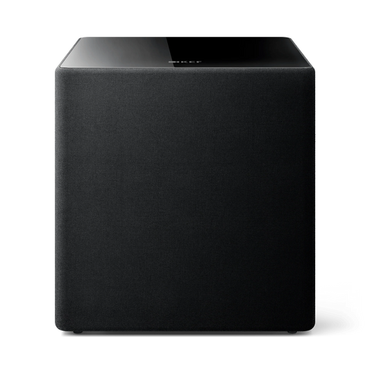 Der KEF Kube 15 MIE ist ein schwarzer, rechteckiger aktiver Subwoofer mit Stoffbezug und glänzender Oberseite, der über fortschrittliche Music Integrity Engine-Technologie verfügt - frontal vor neutralem Hintergrund gezeigt.