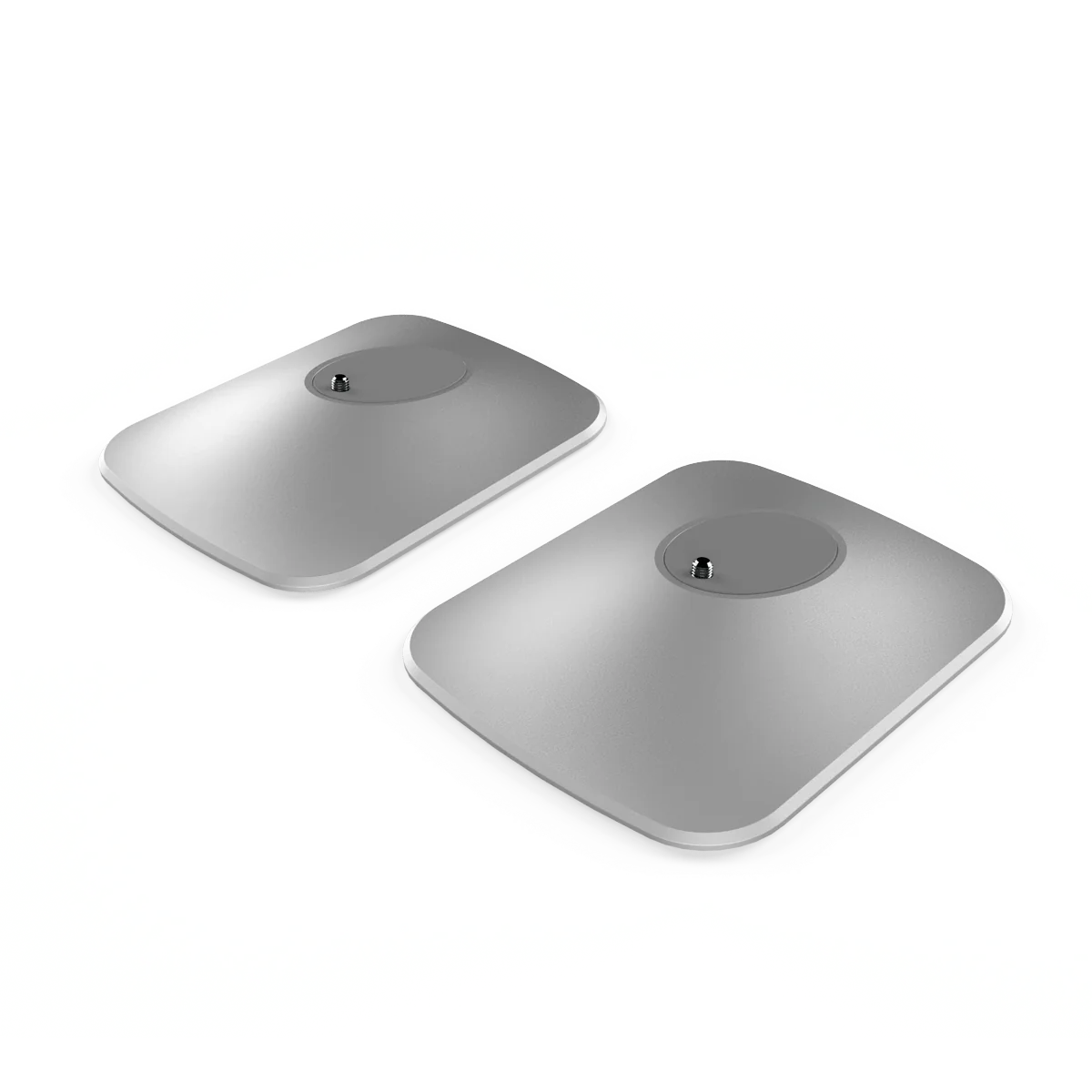 Zwei schlanke, rechteckige KEF P1 Tischstandfuß Paare in Silber mit abgerundeten Kanten und einer zentralen, kreisförmigen Fläche aus Aluminiumdruckguss stehen nebeneinander auf einem weißen Hintergrund.