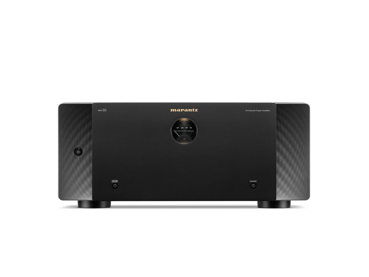 Frontansicht der Marantz AMP 10 AV-Endstufe in Schwarz mit zentralem, rundem Display, Marantz-Logo darüber und Ein/Aus-Tasten an beiden Seiten - ideal für ein erstklassiges Heimkinoerlebnis.