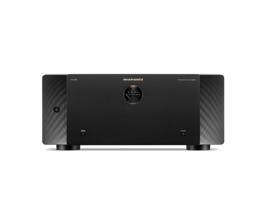 Frontansicht der Marantz AMP 10 AV-Endstufe in Schwarz mit zentralem, rundem Display, Marantz-Logo darüber und Ein/Aus-Tasten an beiden Seiten - ideal für ein erstklassiges Heimkinoerlebnis.