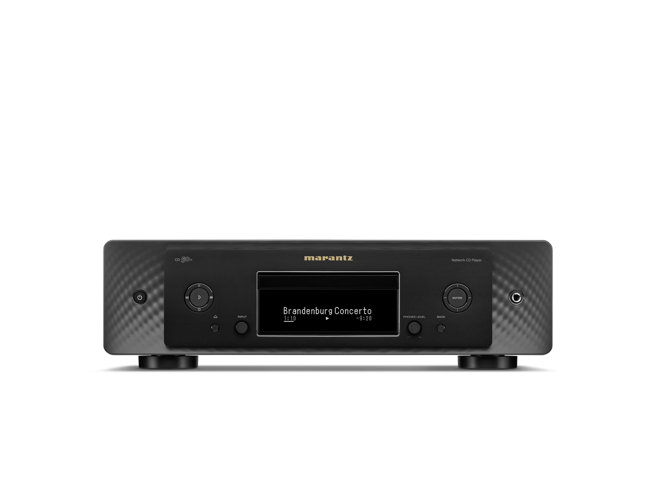 Der Marantz CD 50n CD-Player in Schwarz verfügt über HEOS® Built-in, ein digitales Display mit Brandenburg Concerto sowie Steuerknöpfe und Tasten an der Front für hochauflösende Aufnahmen.