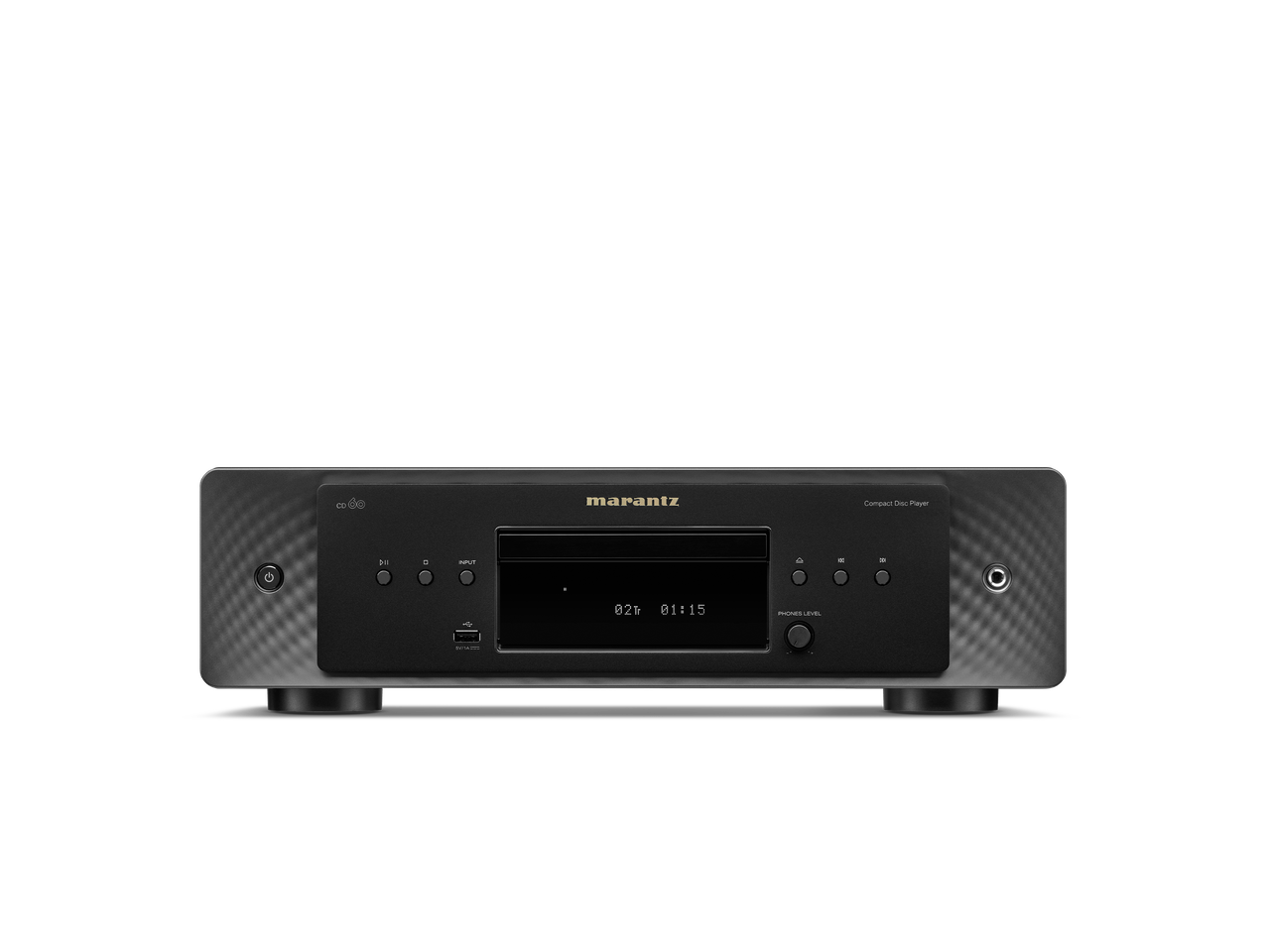 Frontansicht des Marantz CD 60 CD-Players in Schwarz mit HDAM-Schaltung für überragende Audioqualität, digitalem Display, Disc-Schublade, Bedientasten und einem USB-Anschluss unten links; Marantz-Logo mittig über dem Display.