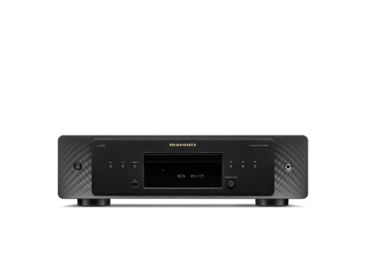 Frontansicht des Marantz CD 60 CD-Players in Schwarz mit HDAM-Schaltung für überragende Audioqualität, digitalem Display, Disc-Schublade, Bedientasten und einem USB-Anschluss unten links; Marantz-Logo mittig über dem Display.