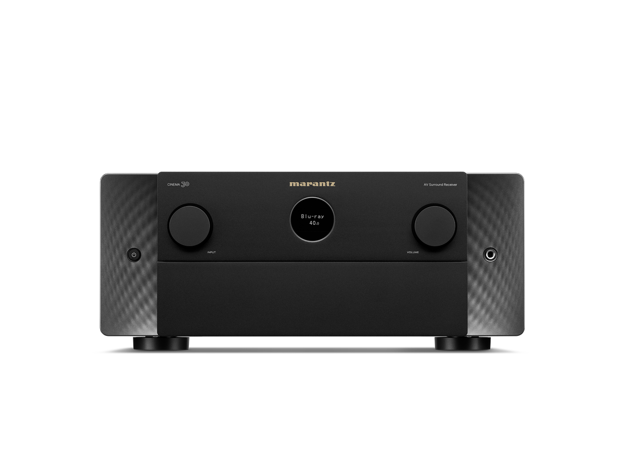 Frontansicht des Marantz Cinema 30 AV-Receivers in Schwarz mit kreisförmigem Digitaldisplay, zwei großen Bedienknöpfen und schlankem Design - ideal, um Ihr Heimkino-Audioerlebnis zu verbessern.