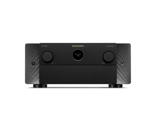 Frontansicht des Marantz Cinema 30 AV-Receivers in Schwarz mit kreisförmigem Digitaldisplay, zwei großen Bedienknöpfen und schlankem Design - ideal, um Ihr Heimkino-Audioerlebnis zu verbessern.