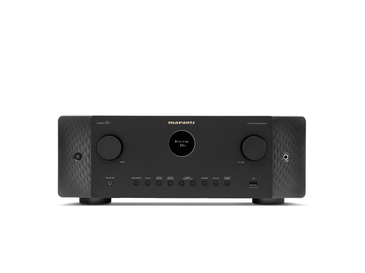 Frontansicht des Marantz Cinema 60 AV-Receivers mit schwarzer Oberfläche, zwei großen Reglern, einem zentralen runden Display und mehreren Tasten und Anschlüssen - unterstützt Dolby Atmos und 8K Ultra HD für einen beeindruckenden Heimkino-Sound.