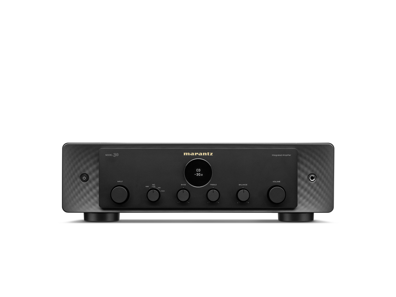 Frontansicht des Marantz Model 30 Verstärkers in Schwarz, mit zentralem Display, Bedienelementen und Tasten. Sein schlankes Design mit HDAM-SA3-Technologie sorgt für musikalischen Klang; das Marantz-Logo befindet sich über dem Display.