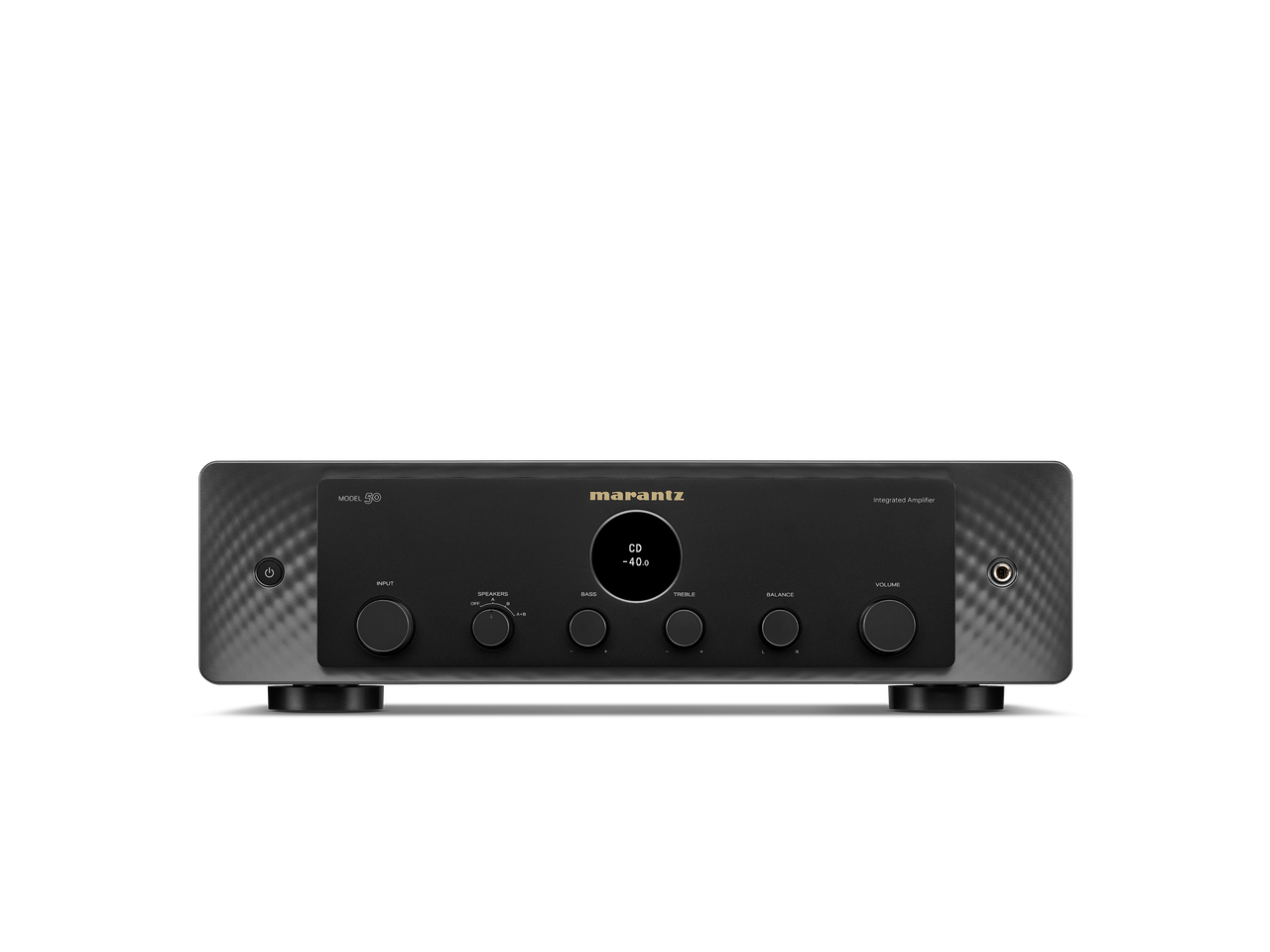 Frontansicht des Marantz Model 50 Verstärkers in Schwarz, der das klassische Audiogeräte-Design mit zentralem Display, runden Bedienknöpfen, Tasten und Kopfhöreranschluss rechts hervorhebt.