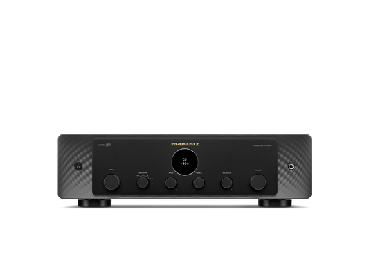 Frontansicht des Marantz Model 50 Verstärkers in Schwarz, der das klassische Audiogeräte-Design mit zentralem Display, runden Bedienknöpfen, Tasten und Kopfhöreranschluss rechts hervorhebt.