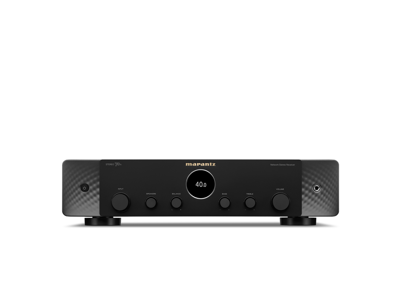 Der Marantz Stereo 70s Verstärker in Schwarz mit zentralem Digitaldisplay (zeigt 40.0), mehreren Reglern und modernem Design auf weißem Hintergrund - ideal für hochauflösende Audioqualität im Home Entertainment.