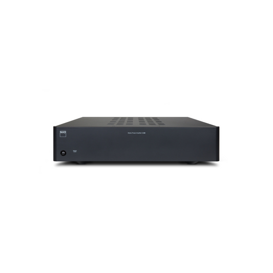 Die NAD C268 Digitale Stereo-Endstufe ist eine schwarze, rechteckige Stereo-Endstufe mit einer minimalistischen Frontplatte, einem Netzschalter unten links und einem kleinen weißen Text in der Mitte - ideal für Leistungs-Upgrades, der vor einem schlichten weißen Hintergrund angezeigt wird.