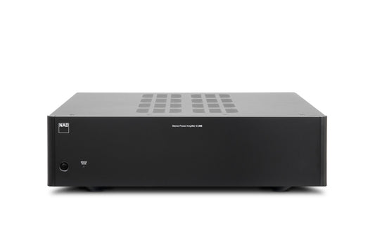 Die NAD C298 Digitale Stereo-Endstufe in Schwarz hat eine minimalistische Frontplatte mit Einschaltknopf und Kontrollleuchte auf der linken Seite, fortschrittliche HybridDigital™ Purifi Eigentakt™ Technologie im Inneren und Lüftungsschlitze an der Oberseite für audiophile Spitzenleistungen.