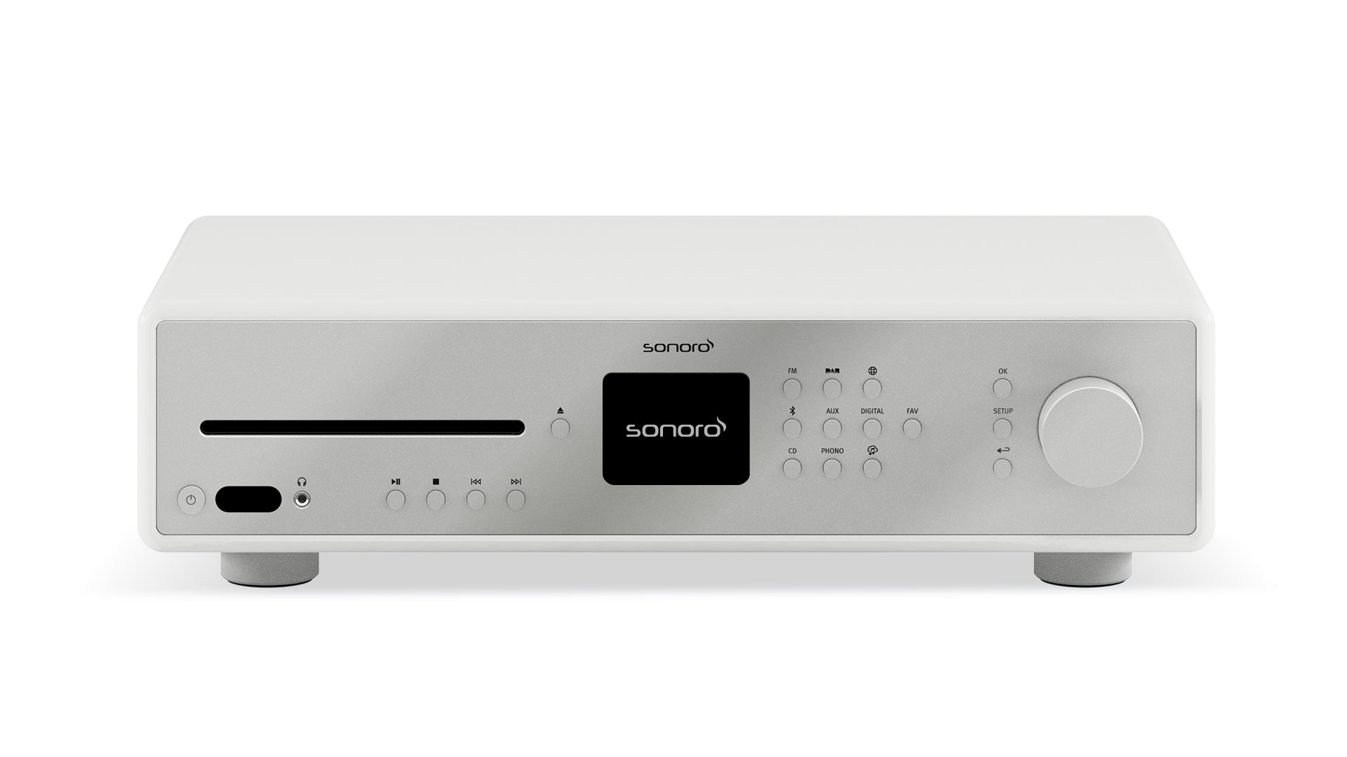 Der Sonoro Maestro Verstärker ist ein moderner weiß-silberner HiFi-Internet-Receiver mit Display, großem Lautstärkeregler, CD-Einschub, Bedientasten, zwei runden Standfüßen, dem sonoro Schriftzug über dem Display und DAB+ Digitalradio für kristallklaren Radioempfang.