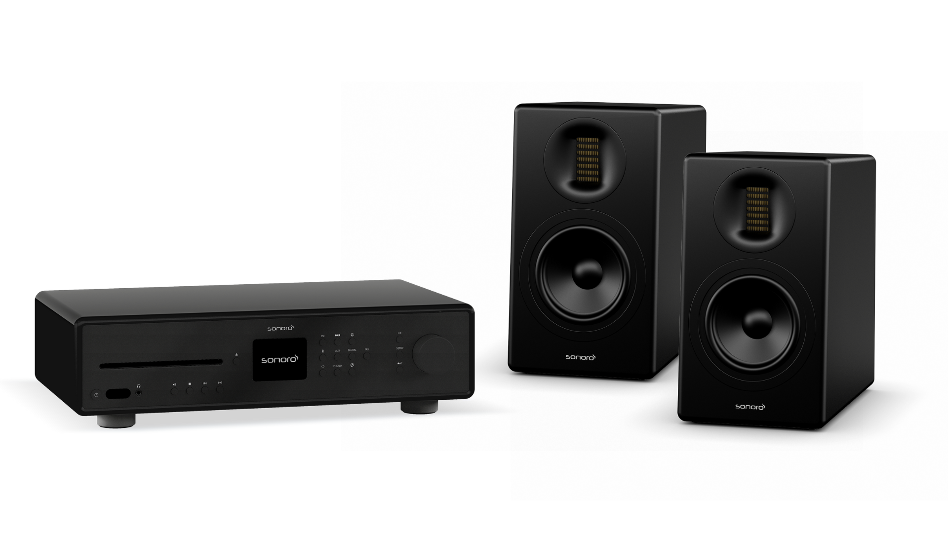 Das Sonoro Advanced Bundle in Schwarz enthält eine zentrale Steuereinheit mit Display, Tasten und Disketteneinschub sowie zwei ORCHESTRA Lautsprecher mit sichtbaren Treibern und einem schlanken, minimalistischen Design.