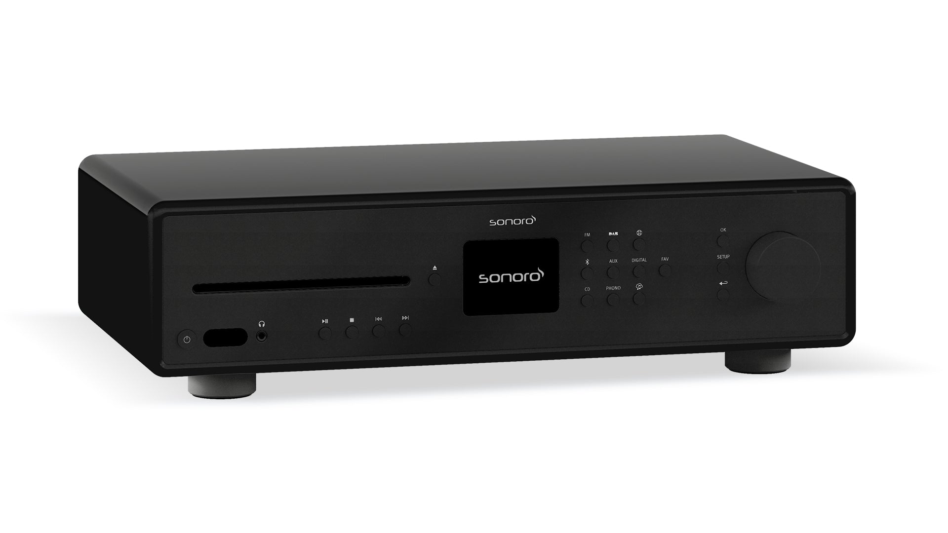 Ein schwarzer Sonoro Advanced Bundle HiFi-Receiver mit Digitalanzeige, mehreren Bedientasten, einem großen Drehknopf und einem CD-Einschub auf der Vorderseite.