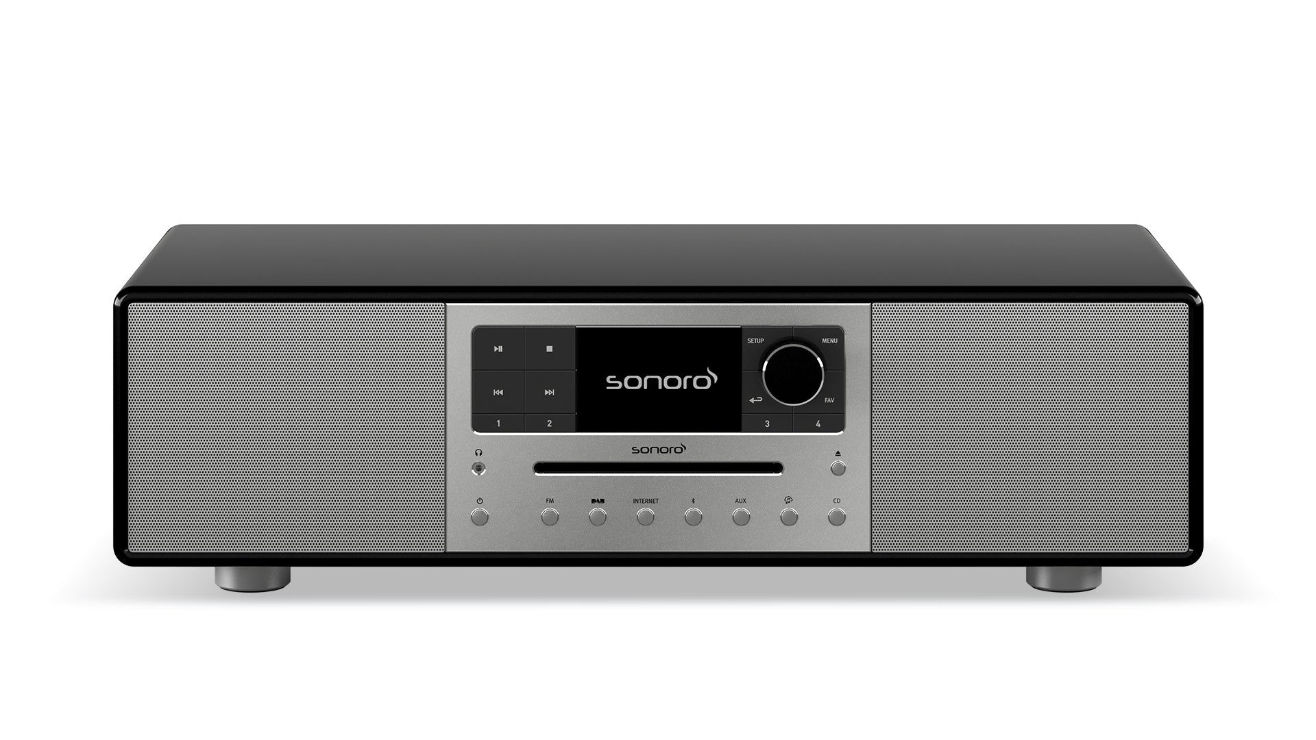Das Sonoro Meisterstück in Schwarz (hochglänzend) - Silber verfügt über ein digitales Display, Bedientasten und zwei große Lautsprecher für beeindruckende Klangqualität, plus Bluetooth-Technologie für nahtlose Konnektivität.