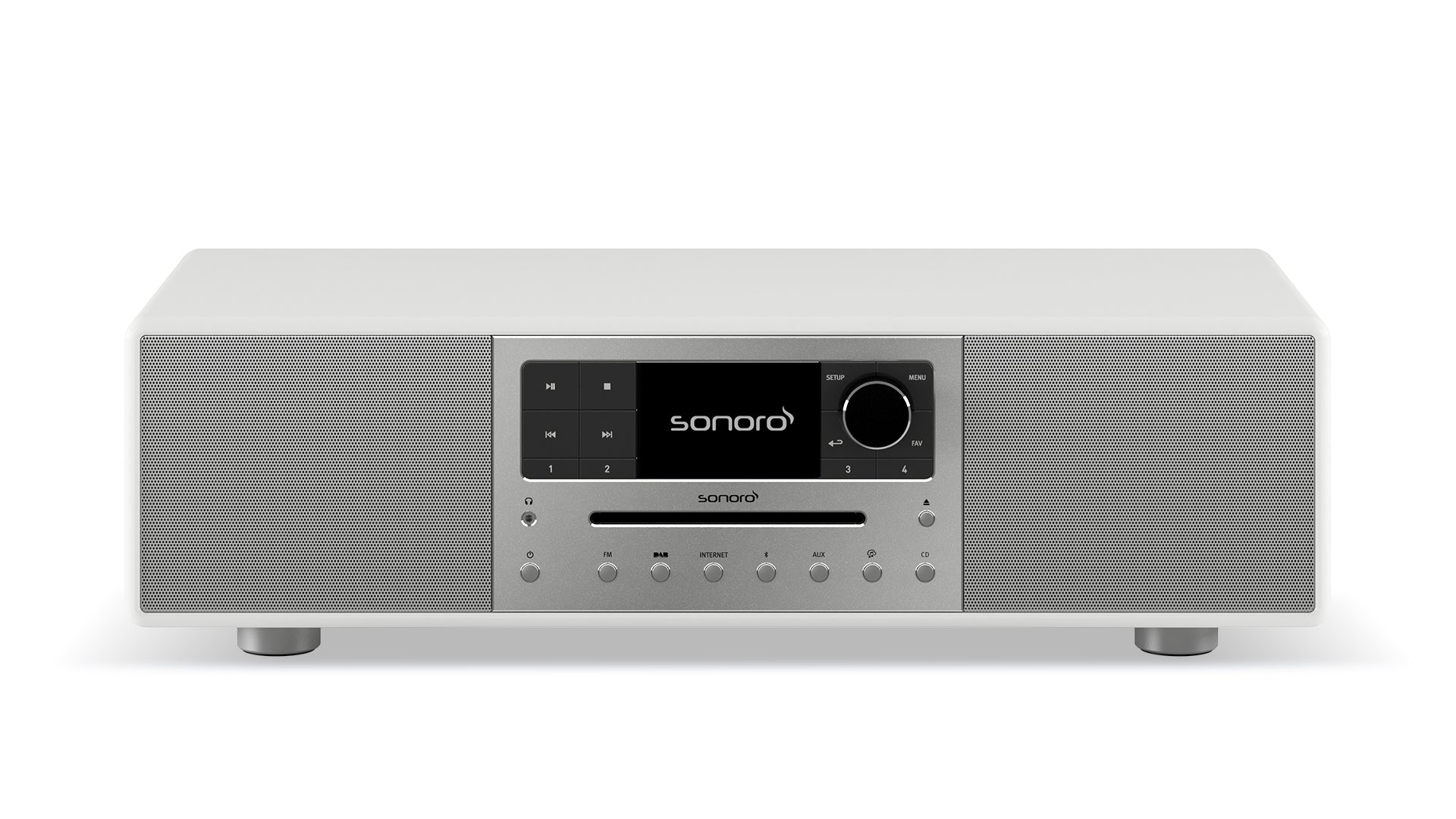 Das Sonoro Meisterstück ist ein modernes, weißes Stereosystem mit zentralem Digitaldisplay, Bedientasten und zwei seitlichen Lautsprechergittern, das eine beeindruckende Klangqualität bietet und vor einem weißen Hintergrund fotografiert wurde.