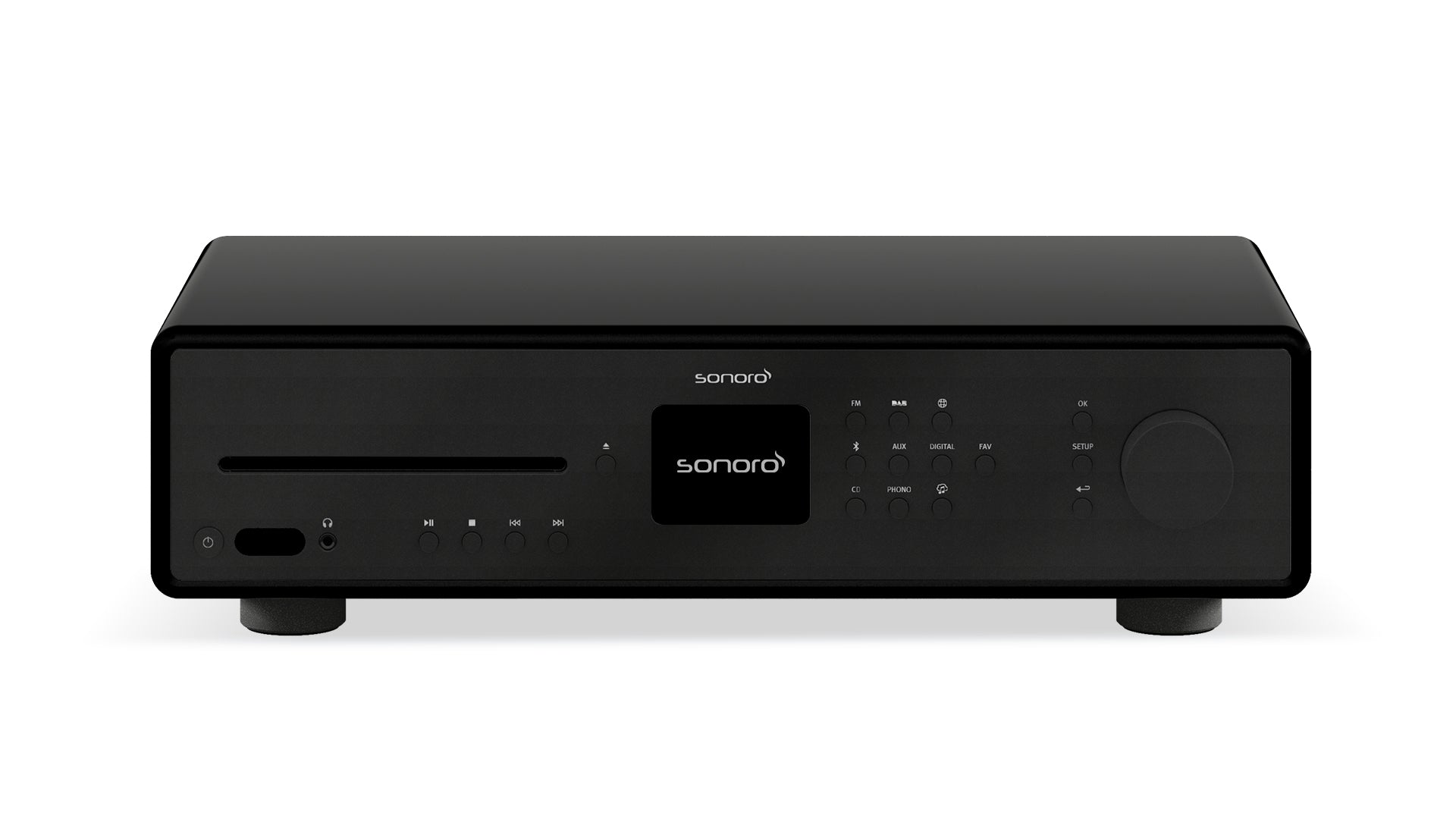 Ein schwarzer Sonoro HiFi-Receiver mit digitalem Display, Bedientasten, Disc-Einschub und einem großen rechten Drehknopf steht frontal vor einem weißen Hintergrund - das ideale Herzstück für Ihr Sonoro Premium Bundle.