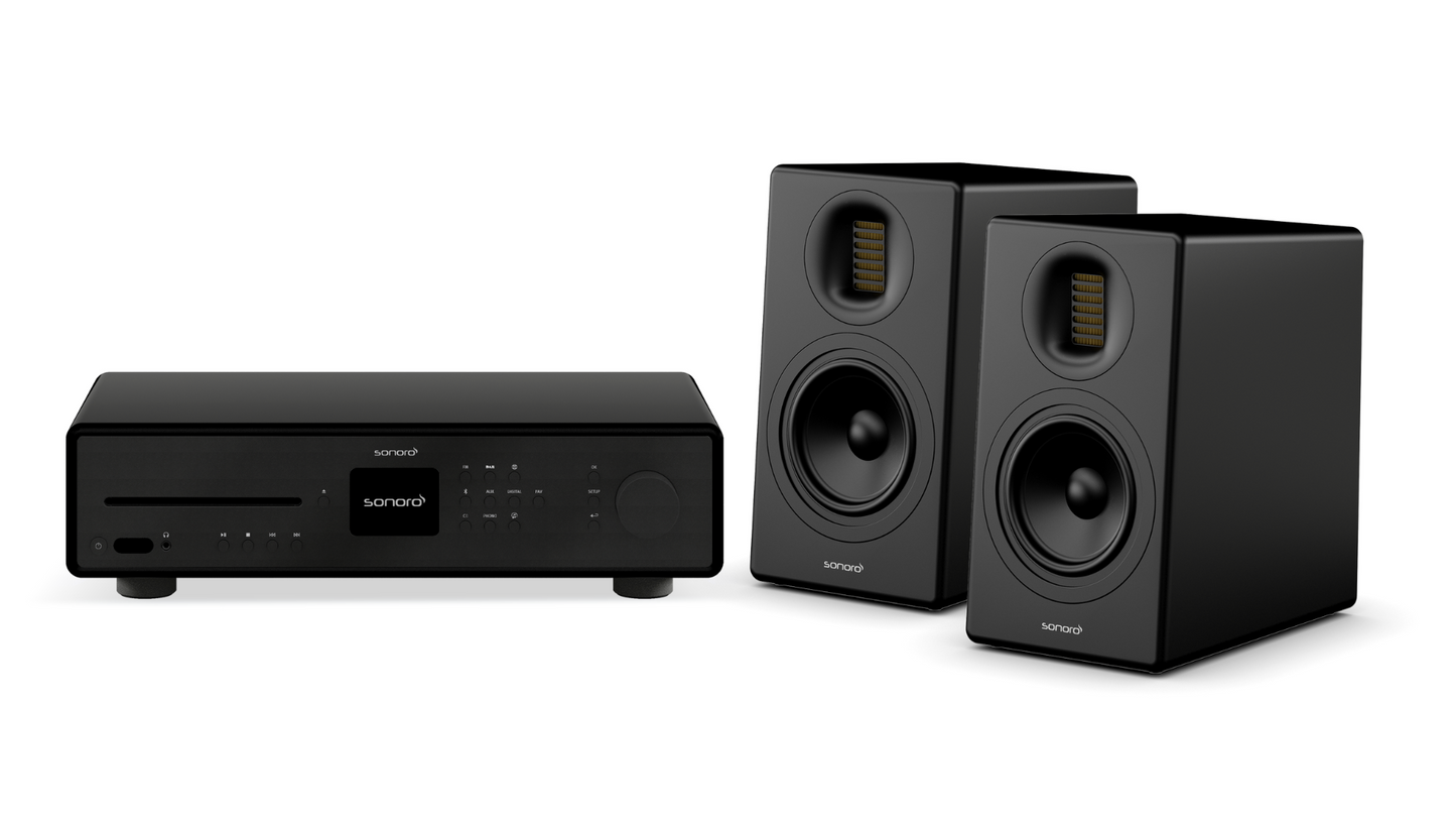 Das Sonoro Starter Bundle in Schwarz verfügt über einen zentralen Musikplayer mit Bedienelementen und Display sowie zwei passende Lautsprecher, die HiFi-Receiver-Funktionen für ein erweitertes Audioerlebnis bieten.