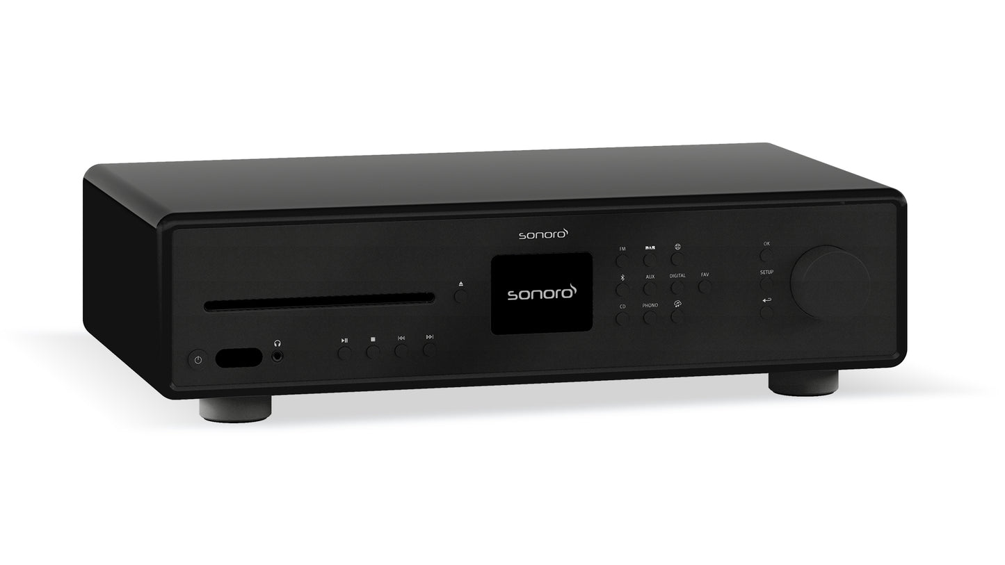 Das Sonoro Starter Bundle ist ein schwarzes Audiosystem mit digitalem Display, kreisförmigem Bedienknopf, mehreren Tasten, CD-Einschub an der Vorderseite und integriertem Internetradio für vielseitige HiFi-Receiver-Funktionalität.
