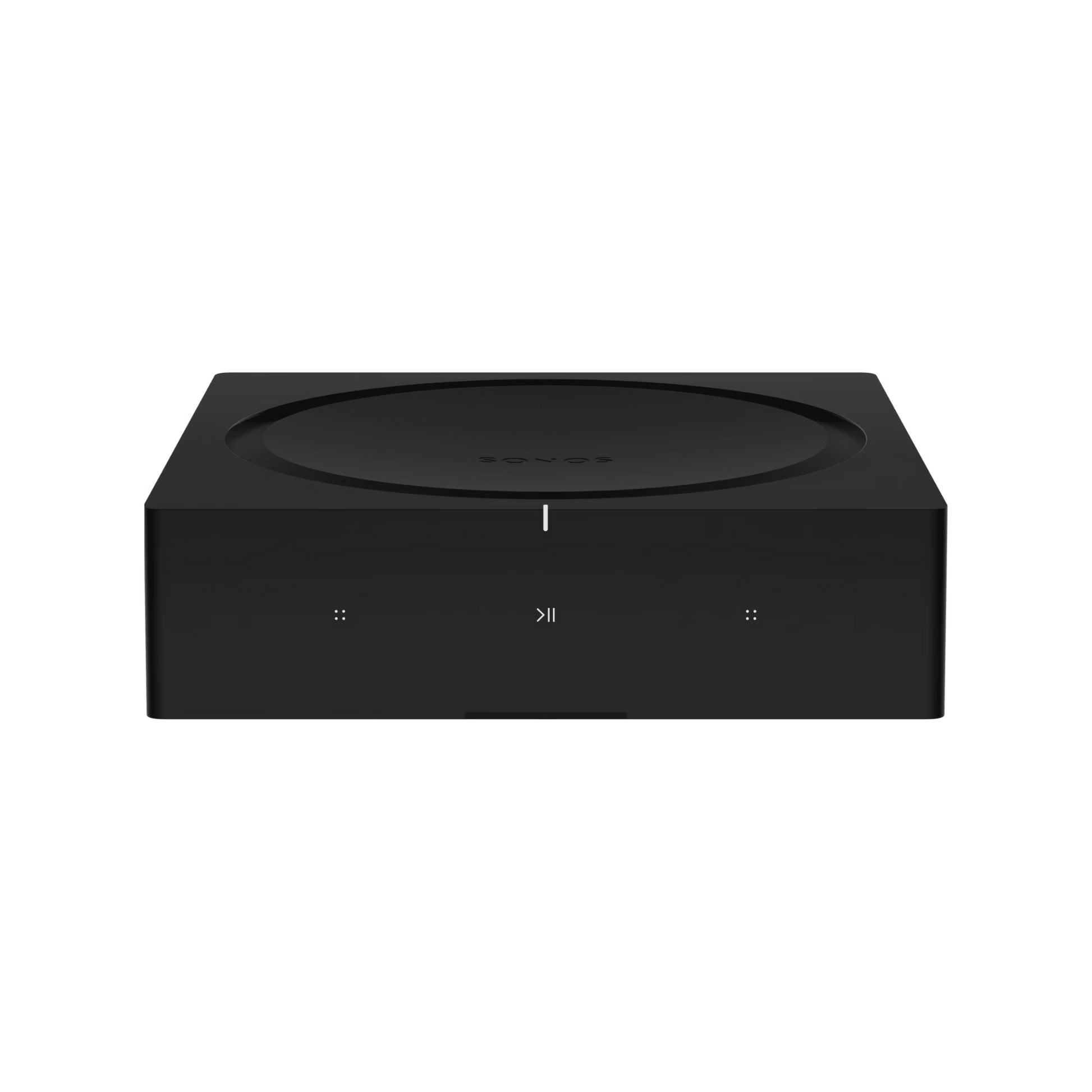 Ein schwarzer, rechteckiger Soundreference Sonos Amp Verstärker wird von vorne vor einem weißen Hintergrund gezeigt.