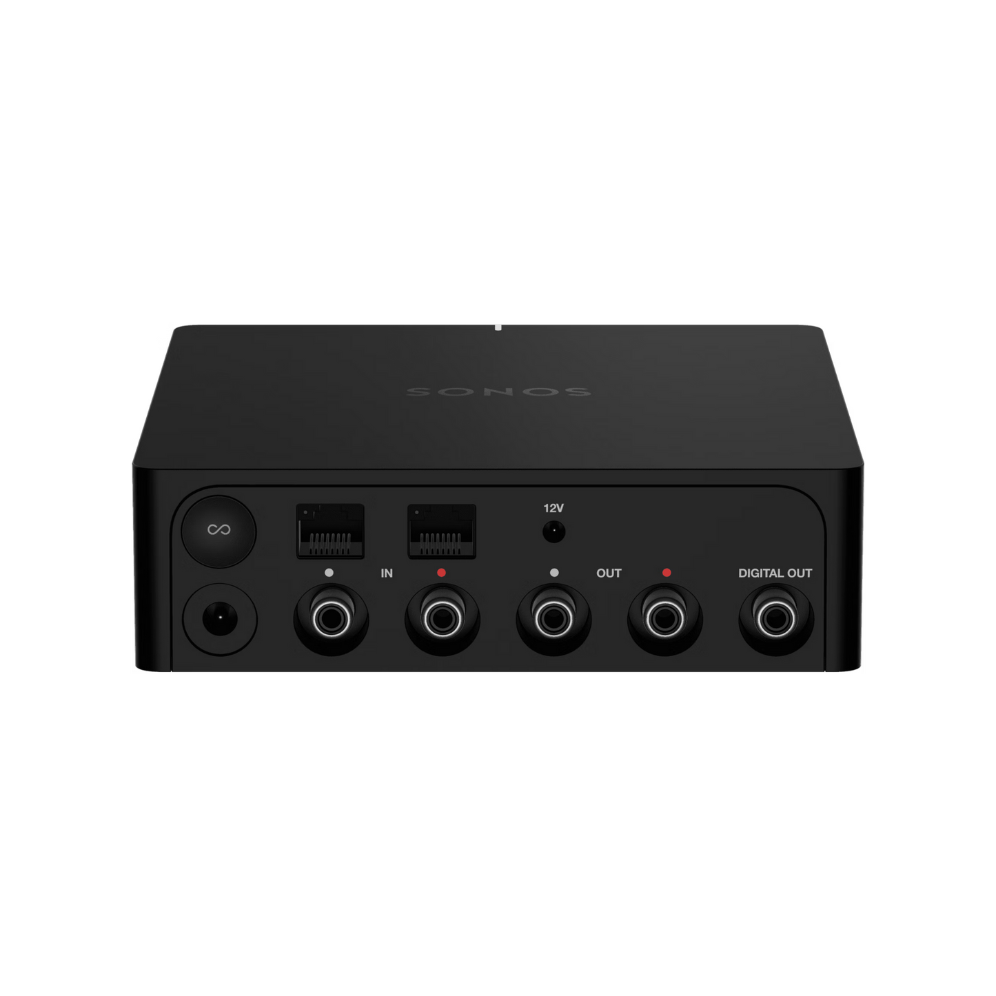 Der Soundreference Sonos Port Netzwerk Audio Streamer, hier in Schwarz mit Ethernet-, Strom-, Auxiliary In/Out- und Digital Out-Anschlüssen auf der Rückseite, ist perfekt für die Erweiterung Ihres Multiroom-Sound-Systems von Sonos.