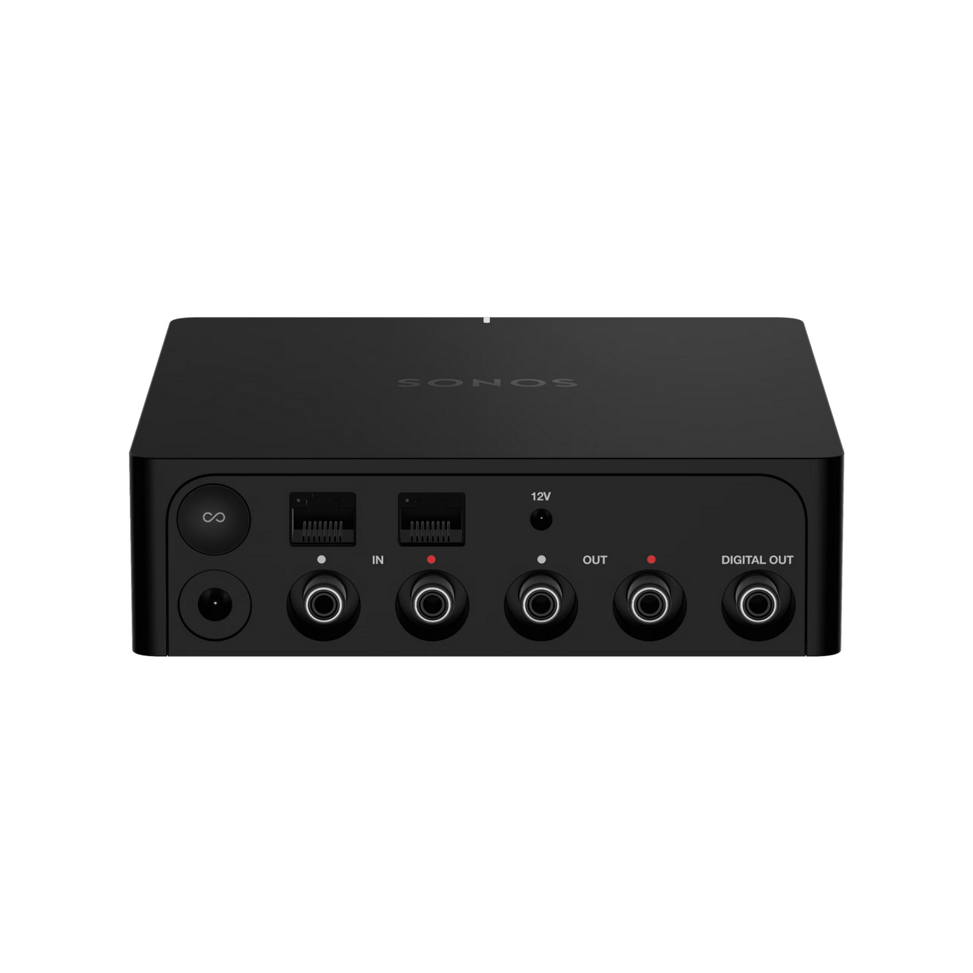 Der Soundreference Sonos Port Netzwerk Audio Streamer, hier in Schwarz mit Ethernet-, Strom-, Auxiliary In/Out- und Digital Out-Anschlüssen auf der Rückseite, ist perfekt für die Erweiterung Ihres Multiroom-Sound-Systems von Sonos.