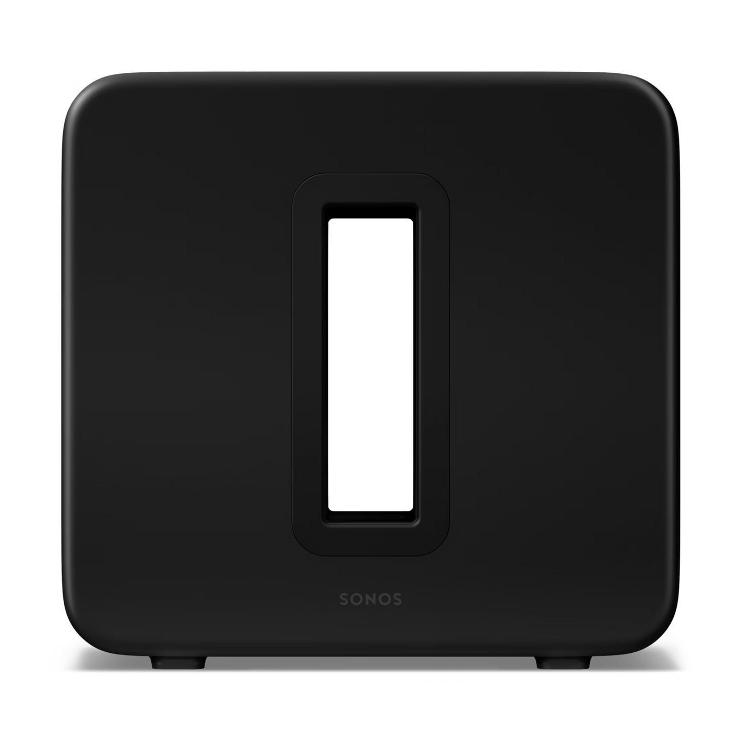 Der Sonos Sub 4 Subwoofer ist ein schwarzer, rechteckiger Lautsprecher mit abgerundeten Kanten und einer vertikalen, rechteckigen Öffnung in der Mitte, der für eine dynamische Klangwiedergabe konzipiert wurde und vor einem weißen Hintergrund abgebildet ist.