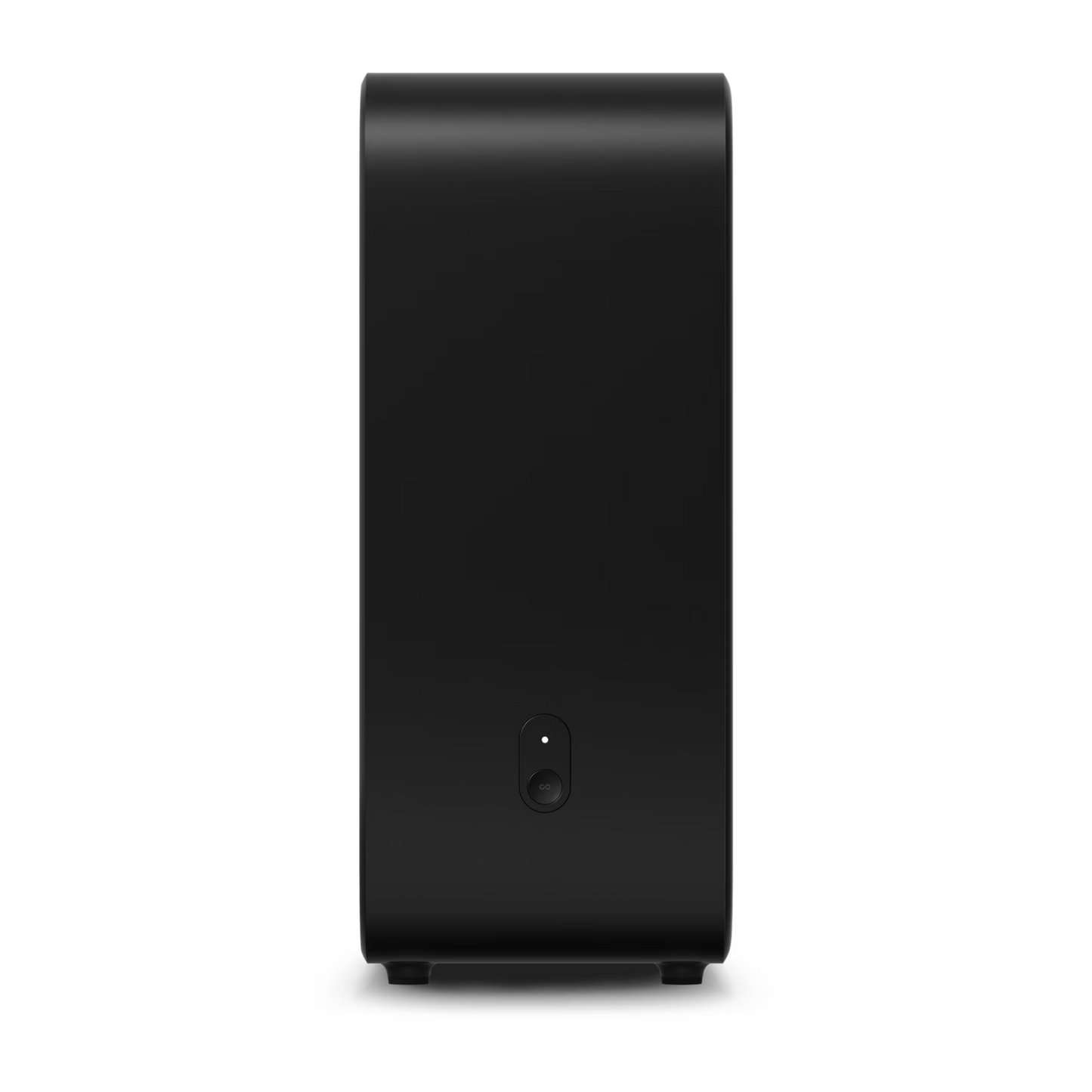 Der Sonos Sub 4 Subwoofer ist ein schwarzes, rechteckiges Gerät mit abgerundeten Kanten und einer kleinen, kreisförmigen Taste und einer Kontrollleuchte in der unteren Mitte, die für die dynamische Wiedergabe vor einem schlichten weißen Hintergrund ausgelegt ist.