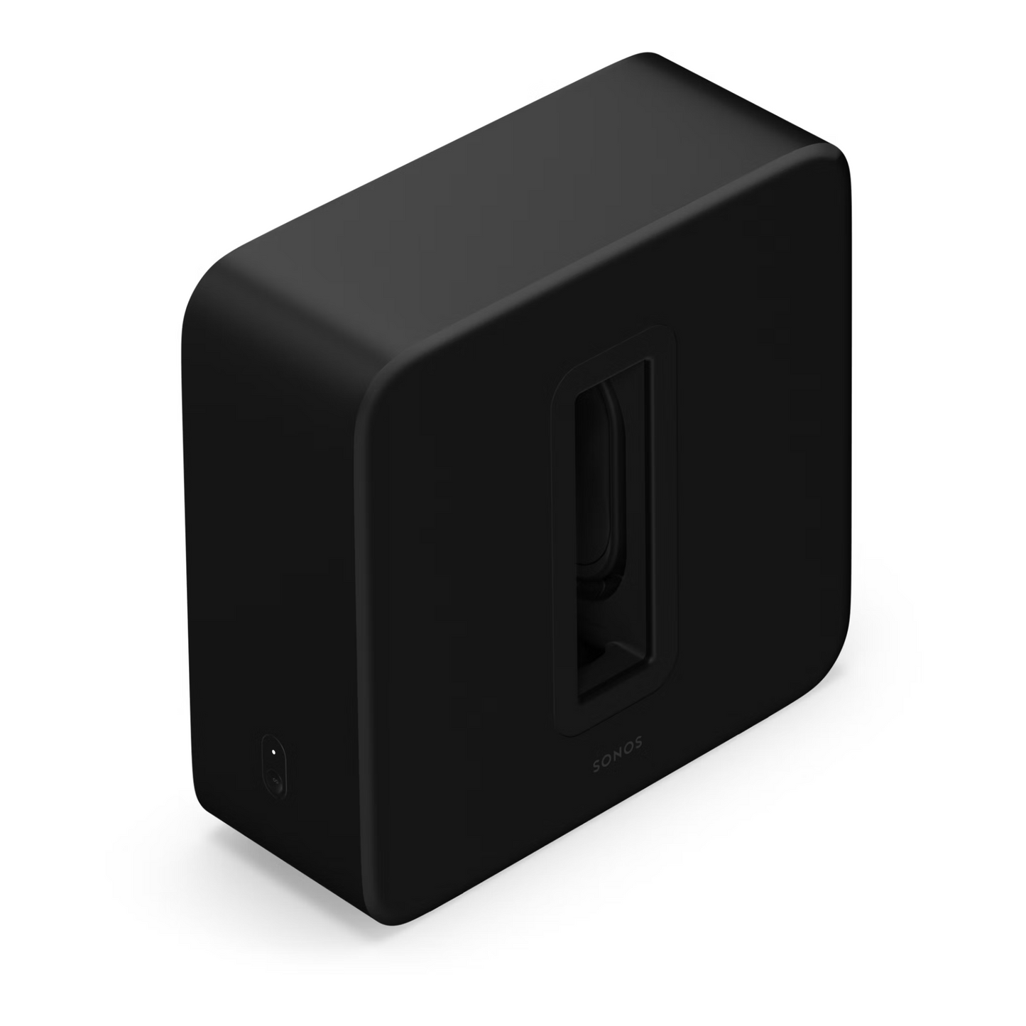 Der schwarze, rechteckige Sonos Sub 4 Subwoofer verfügt über abgerundete Kanten, einen zentralen Ausschnitt, der einige interne Teile und das Sonos-Logo offenbart, und liefert eine dynamische Wiedergabe vor weißem Hintergrund.