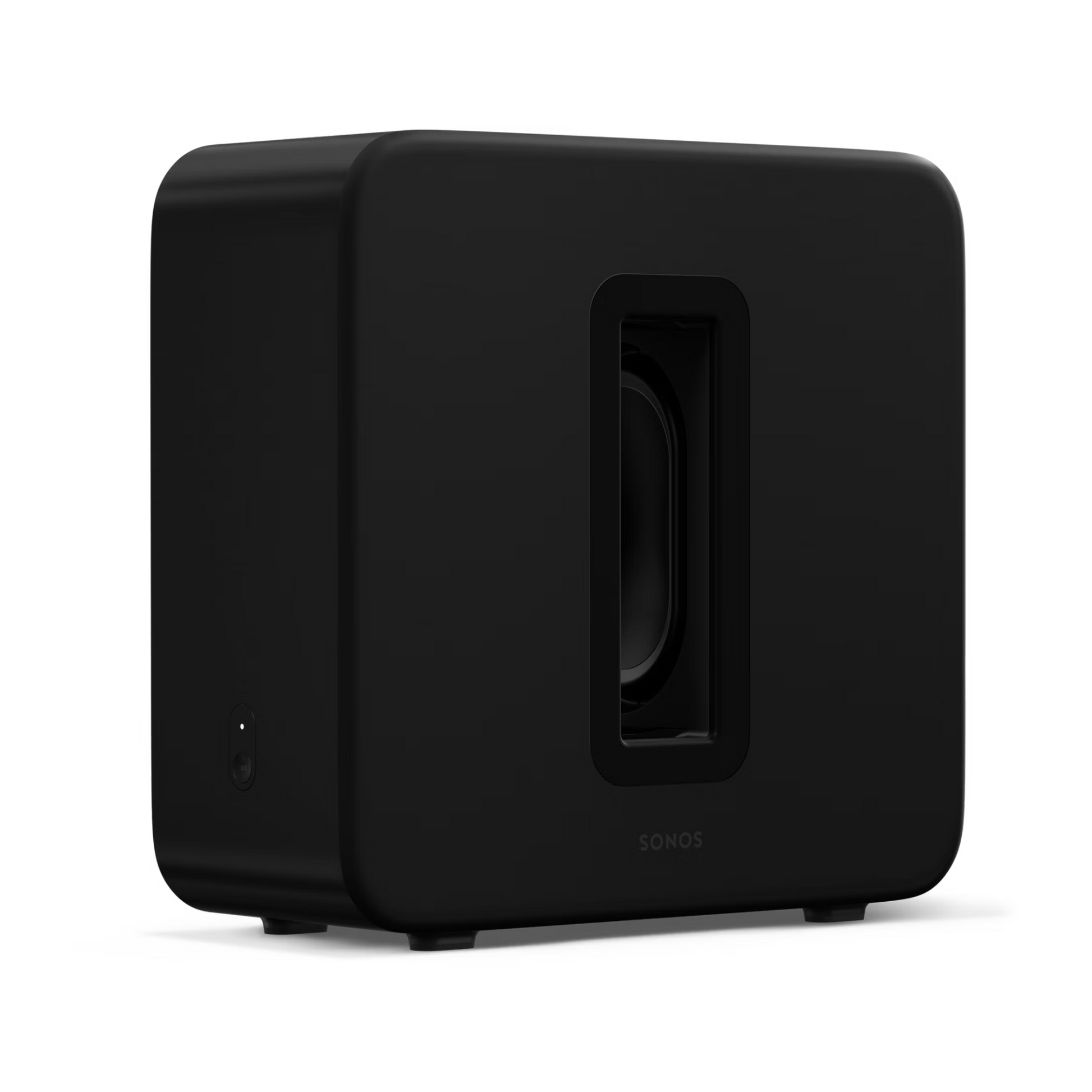 Der Sonos Sub 4 Subwoofer in Schwarz bietet ein rechteckiges Design mit abgerundeten Ecken, zentraler Aussparung und kleinen Füßen. Genieße dynamische Wiedergabe und Force-Cancelling-Effekt - perfekt vor weißem Hintergrund.