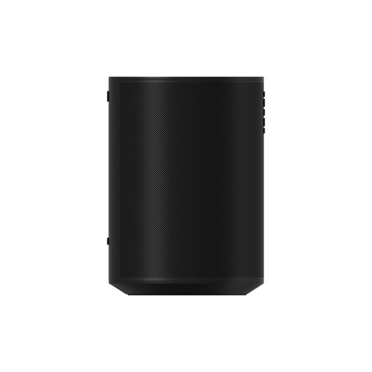 Der Soundreference Sonos Era 100 Smart Speaker in Schwarz ist mit einem rechteckigen Design und einer Mesh-Front auf weißem Hintergrund abgebildet; seine Steuertasten sind auf der rechten Seite sichtbar.