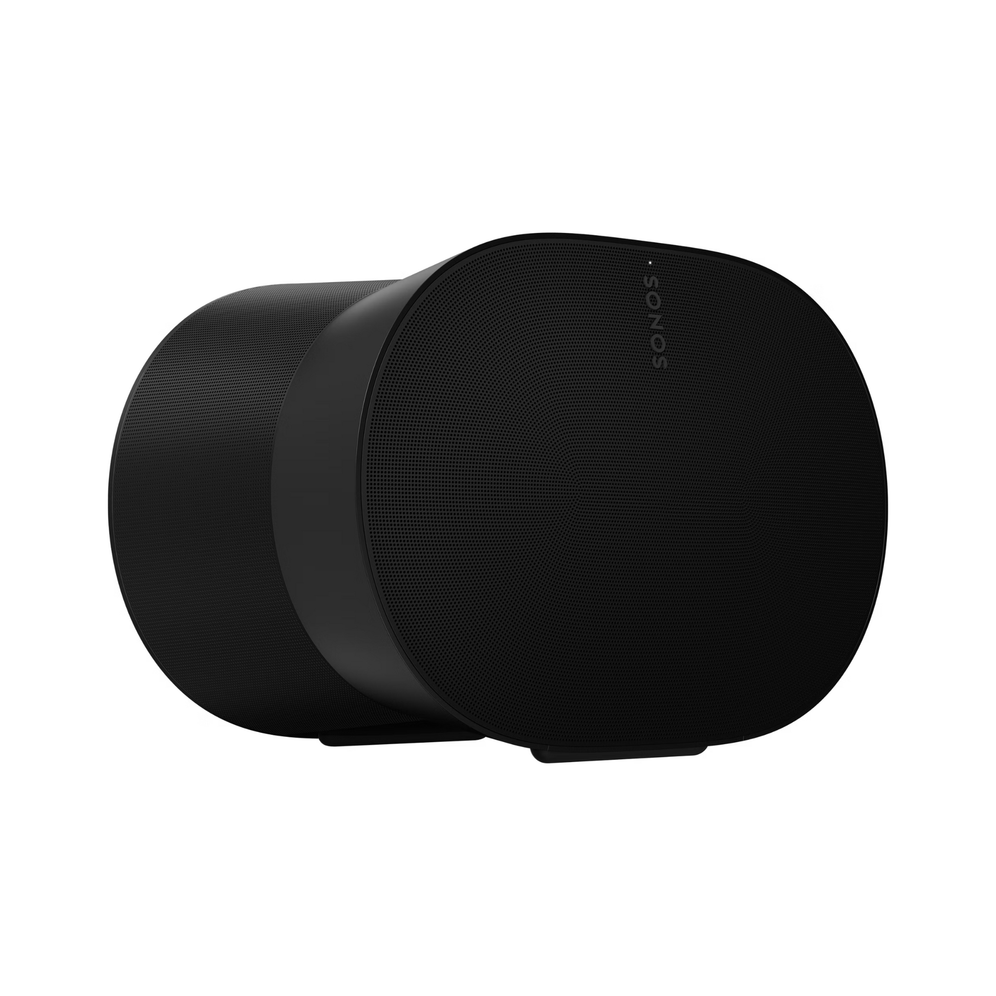 Der Sonos Era 300 Smart Speaker im ovalen, schwarzen Design mit minimalistischem Akustikdesign wird vor einem weißen Hintergrund gezeigt. Das SONOS-Logo erscheint auf der Vorderseite des Geräts.