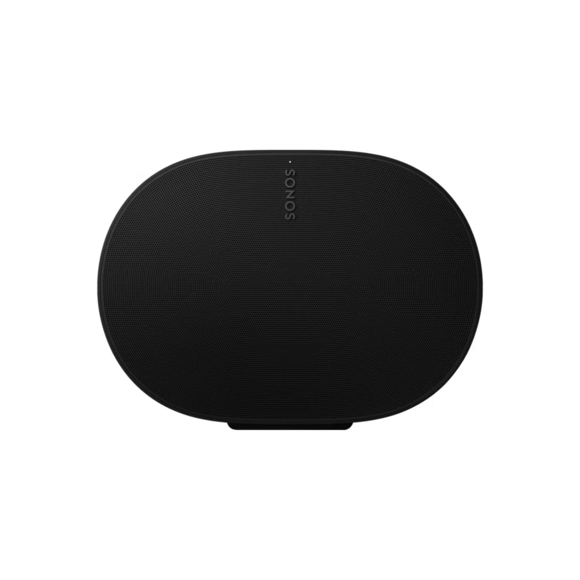 Ein schwarzer, ovaler Sonos Era 300 Smart Speaker in Schwarz mit minimalistischem Akustikdesign, von vorne gesehen, mit dem SONOS Logo vertikal in der Mitte oben.